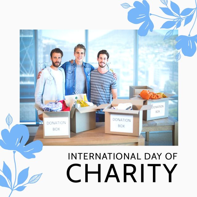 Caucasian male friends with donation boxes and international day of charity text with blue flowers. Portrait, composite, togetherness, volunteer, support, awareness, celebration and campaign.
