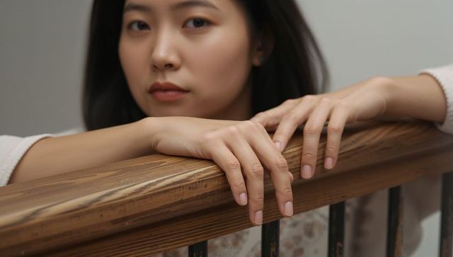 Asian woman leaning on wooden handrail, resting hands and contemplating in quiet portrait