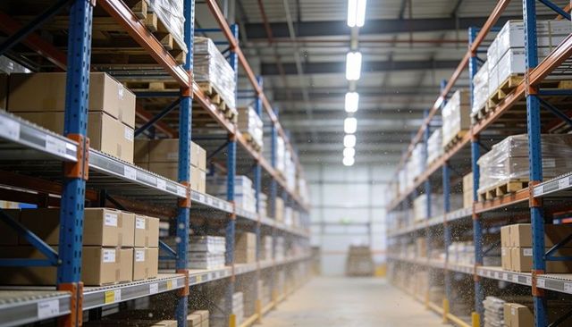 Central warehouse aisle with pallet racking, stacked boxes and tagged shelves logistics