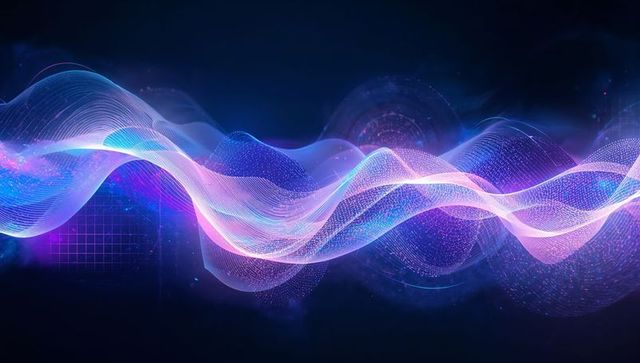 Neon wave ribbons flowing across cosmic digital grid in purple and blue light