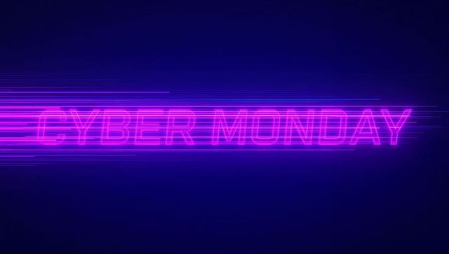 Cyber Monday neon banner pulsing with glitch streaks and magenta glow