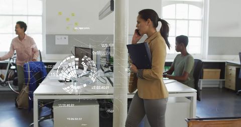 Businesswoman Engaged in Phone Call with Digital Overlay in Modern Office