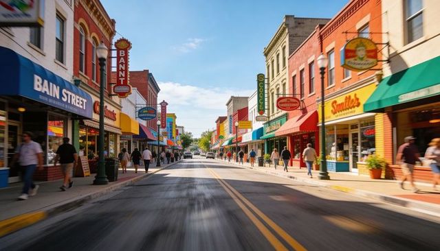 Leading two-lane main street featuring colorful storefront awnings and pedestrians walking