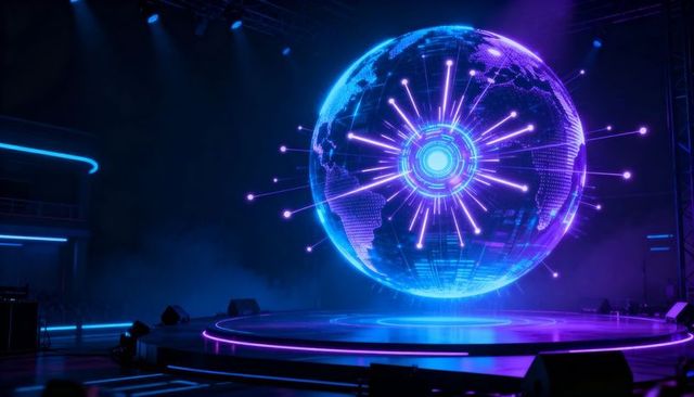Holographic global network orb hovering above neon stage with futuristic light spokes