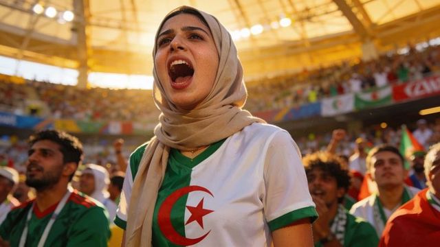 Female algerian fan cheering in hijab wearing national jersey at sunlit stadium