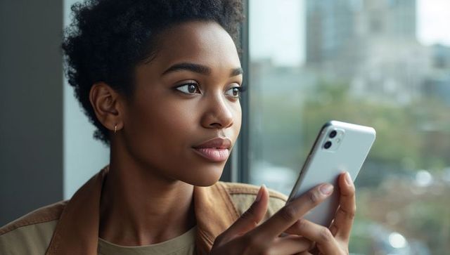 Contemplative Woman Holding Phone by Window Over Cityscape