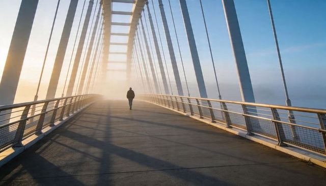 Solitary pedestrian walking on foggy modern arched bridge at golden hour