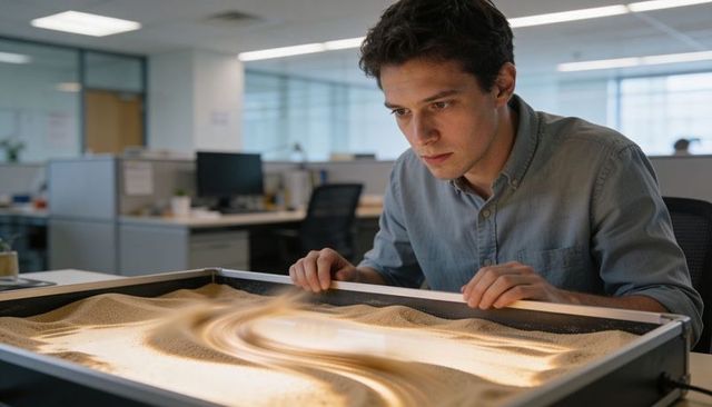 Focused man studying illuminated sand tray on office desk, creating swirling sand patterns