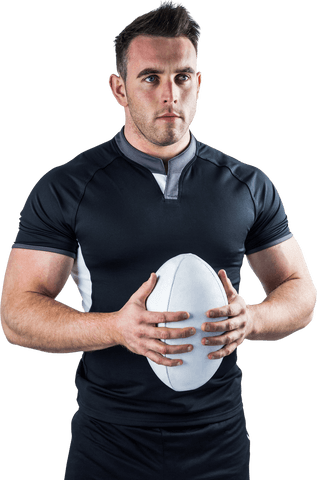 Determined rugby player holding ball on white transparent background