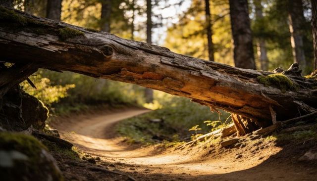 Sunlit fallen log arching over winding forest trail with mossy roots and golden light