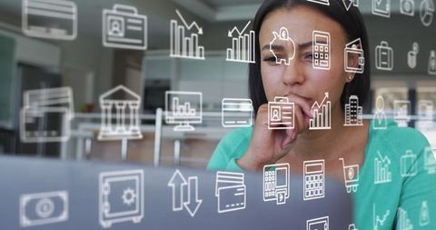Woman Using Laptop with Floating Finance Technology Icons