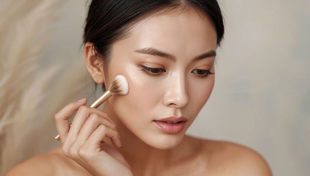 Applying dewy makeup with gold brush for luminous skin and natural everyday glow