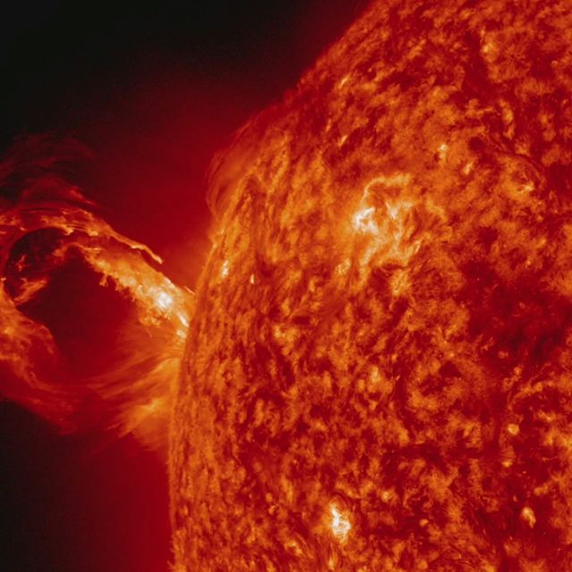Visualizing the powerful explosion of a corona mass ejection erupting from the sun's edge on May 1, 2013. Captured by NASA's Solar Dynamics Observatory in extreme ultraviolet light, this depiction offers insight into the dynamic activities on the sun. Useful for scientific illustrations, space research, educational material, and highlighting solar phenomena for astronomy enthusiasts or academic presentations.