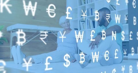 Black caregiver guiding white senior stretching during home rehab with currency symbols