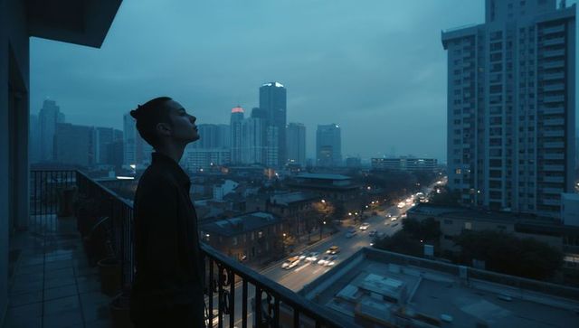Silhouetted man with bun gazing over urban skyline from balcony at dusk, contemplative mood