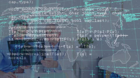 Medical Professionals Analyzing X-rays with Digital Code and World Map Overlay
