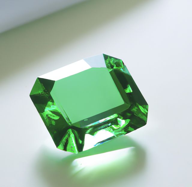 Elegant emerald cut green gemstone, framed in natural light, showcasing its brilliance and clarity. Ideal for use in jewelry-related marketing materials, luxury advertisements, gemstone and jewelry websites, or even in interior design elements adding a touch of luxury and sophistication.