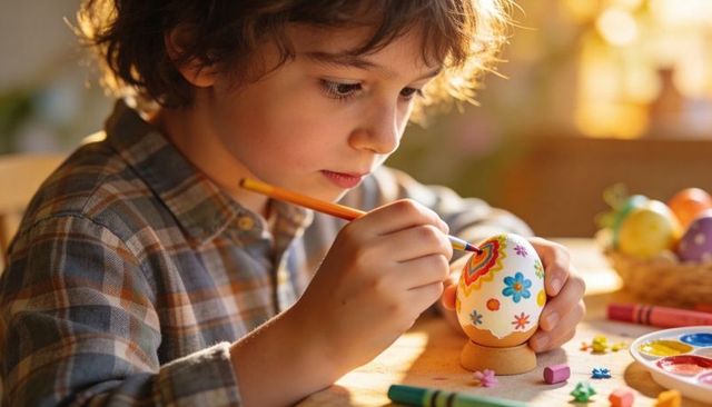 Young boy painting colorful easter egg at sunlit table for spring diy family craft