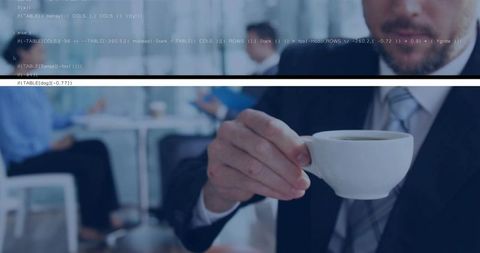 Businessman offering coffee cup with code overlay for corporate tech networking events
