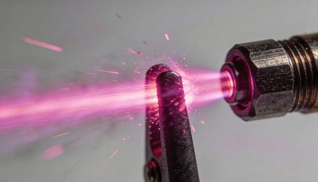 Magenta plasma arc striking metal clamp with flying sparks close-up industrial precision