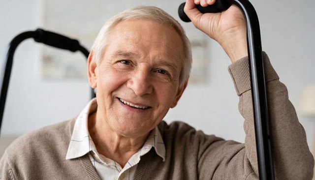 Senior man smiling with walker handle, close-up portrait conveying independence and warm home care
