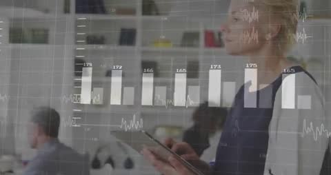 Colleagues Utilizing Digital Tablets with Animated Data Visualization Overlay
