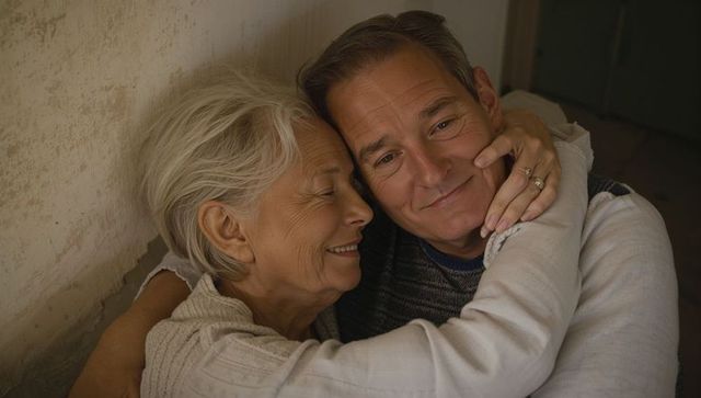 Senior couple embracing in cozy home showing wedding ring, quiet affection, warmth