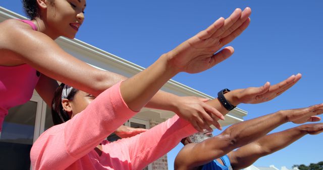 Group Practicing Outdoor Yoga Together Under Clear Sky - Download Free Stock Images Pikwizard.com