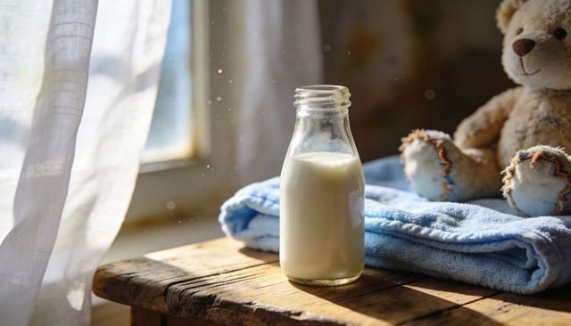 Glass milk bottle catching sunbeams on rustic table with blue baby blanket and teddy