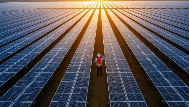 Technician inspecting vast solar farm at sunset