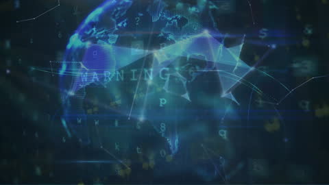 Digital Financial Data Animation Over Globe with Warning Text