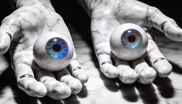 Marble hands presenting blue-iris prosthetic eyes on high-contrast stone surface