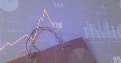 Retail analytics concept showing kraft bag overlaid with financial charts and trend lines