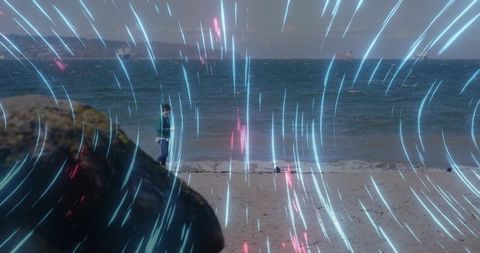 Solitary child standing on beach facing waves with neon light streak overlays
