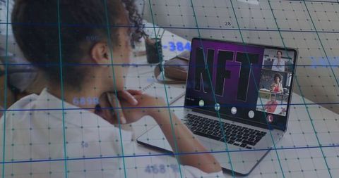 Woman participating in nft virtual meeting on laptop at home office