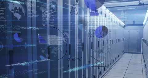 Server Room with Overlay of Data Processing Animation