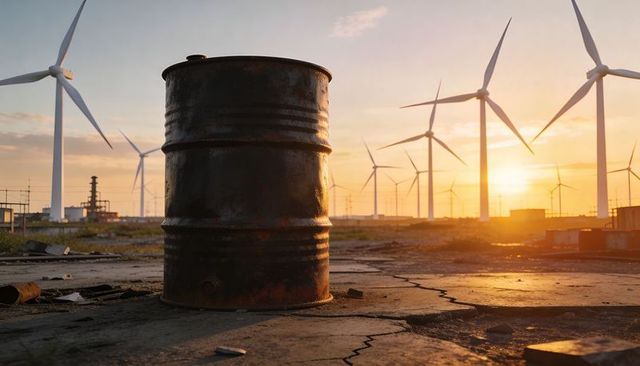 Standing rusted barrel on cracked concrete with wind turbines turning at sunset