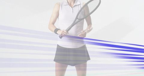 Female tennis player holding racket wearing polo skirt wristband with neon light streaks