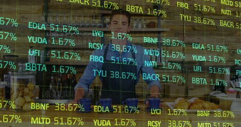 Barista preparing coffee with stock market overlay