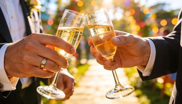 Sunlit wedding toast clinking champagne flutes with gold band, tuxedo hands, boutonniere