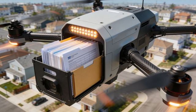 Autonomous delivery drone carrying mail over suburb with open cargo bay and led lights