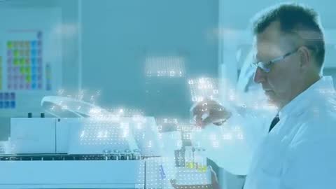 Senior Scientist in Lab Analyzing Samples with Data Overlay