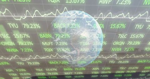 Earth globe overlaying digital trading dashboard with floating green tickers and charts