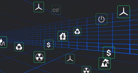 Futuristic data tunnel streaming energy and environmental icons on neon grid dashboard