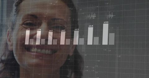 Digital Dashboard with Smiling Woman and Bar Chart Overlay