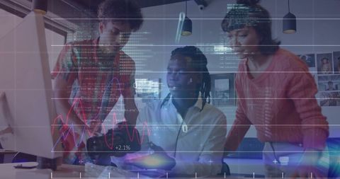 Diverse Colleagues Analyzing Financial Data with Digital Overlay