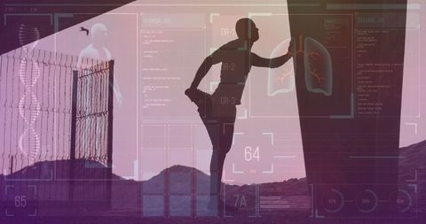 African American Athlete Stretching with Digital Health Interface