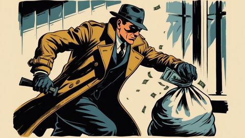 Mysterious bank robber in trench coat taking cash under suspenseful circumstances