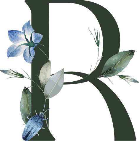 Transparent Botanical Monogram R with Blue Flower and Beetle