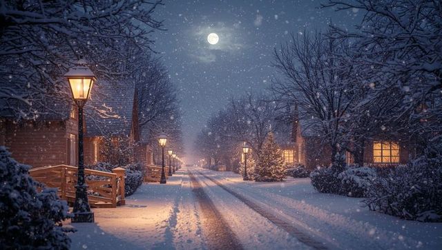 Snowy village road illuminated by lamp posts under moonlit night sky